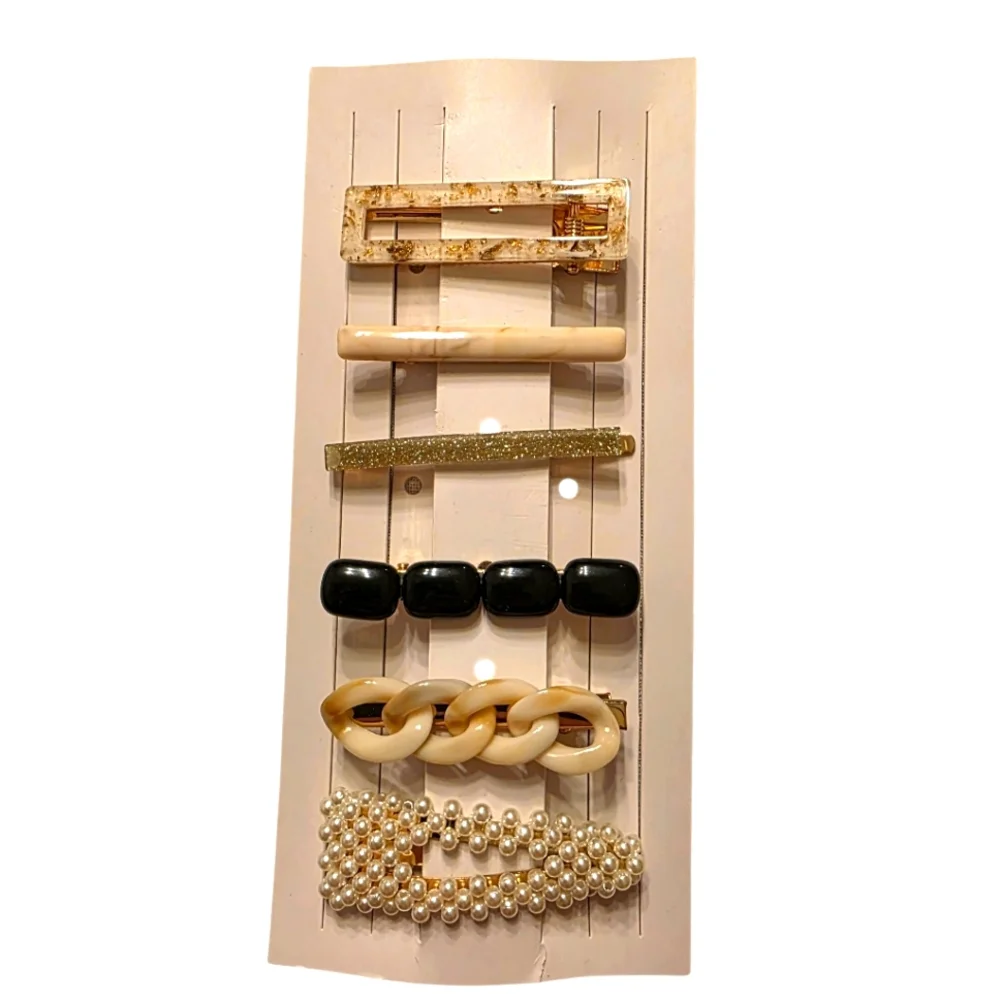 Hair Clip Set Cream Gold Black Pearlized And Sparkles NEW